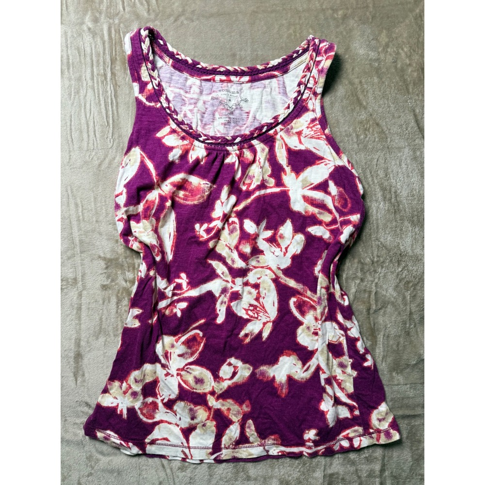 Sonoma Life Style Purple Floral Braided Neckline Tank Top Medium Beach Summer